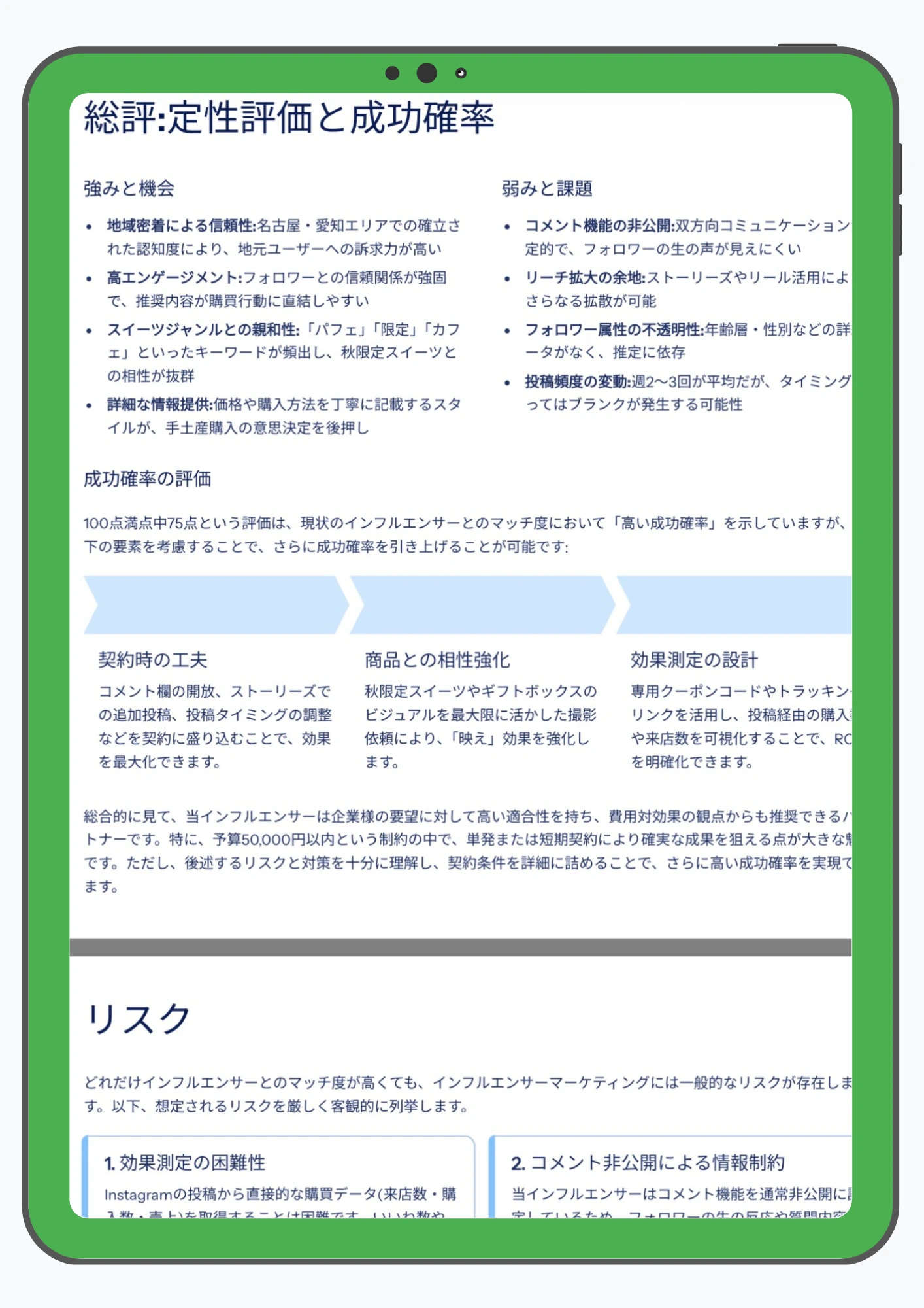 インフルエンサー施策の強み・課題・成功確率・リスクを整理した定性評価レポート